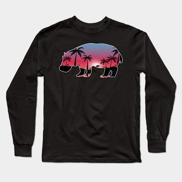 Hippopotamus Beautiful Sunset Beach Palm Tree Long Sleeve T-Shirt by jrgmerschmann